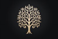 Stylized geometric tree symbol with spiral trunk and angular branches in light beige color on dark background, combining natural and technological elements.