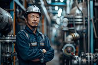 Confident Asian industrial worker in protective helmet and uniform standing with arms crossed in manufacturing facility among machinery and equipment.