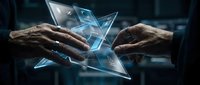 Two hands interact with glowing holographic star interface in dark environment, representing digital technology, innovation, and futuristic interaction for tech concepts.