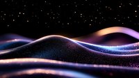 Glowing waves of colorful light particles flow across dark background creating abstract cosmic landscape with sparkles and smooth curves in space.
