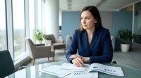 Professional businesswoman in navy suit analyzing financial reports at modern office desk with charts and graphs for corporate presentations.