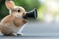 Funny bunny rabbit holding megaphone making announcement on blurred background. Humorous concept of speaking up and communication.