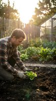 Young Caucasian male gardener planting lettuce seedlings in organic vegetable garden during golden hour sunset. Sustainable farming and homegrown food concept.