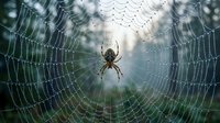 Garden spider sits in center of intricate web covered with morning dew drops, creating natural geometric pattern against soft blurred background.