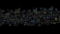 Digital technology circuit board with business analytics icons and data visualization elements on dark background for modern tech presentations.
