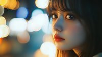 Young Asian woman with red lipstick in evening city lights, side profile portrait with soft bokeh background creating dreamy atmospheric mood.