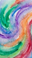 Vibrant rainbow watercolor swirl with flowing blends of green, purple, orange, and red on textured paper for creative backgrounds.