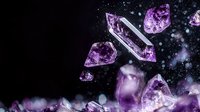 Magical purple crystals floating in dark space with sparkles and bokeh effects, mystical mineral formation against black background for spiritual and wellness designs.