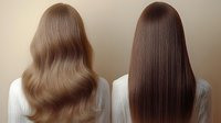 Long straight and wavy brown hair comparison on two women wearing white sweaters shown from behind, demonstrating different hairstyles and textures.