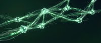 Abstract green digital network connections with glowing nodes and flowing data streams on dark background for technology and communication concepts.