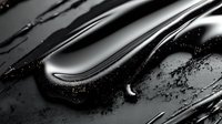 Glossy black liquid flows in smooth curves creating abstract waves with water droplets on dark surface for modern design backgrounds.