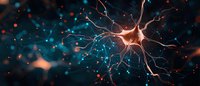 Glowing neuron cell with dendrites and axons on dark background with blue and orange particles, scientific visualization of neural network activity.