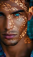 Close up portrait of young African American male model with bright blue eyes and geometric light patterns projected on dark skin, artistic fashion photography.