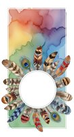 Watercolor feather wreath with white circle frame on rainbow gradient background, isolated design element for invitations, posters, and creative projects.