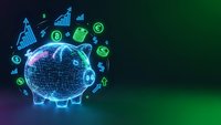 Digital piggy bank with glowing financial icons and charts on dark gradient background for fintech and investment concepts.