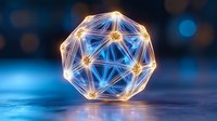 Glowing geometric sphere with interconnected nodes and golden light points on blue surface, representing network, data connection, technology, and digital communication concepts.