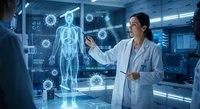 Female doctor analyzing holographic human skeleton with virus particles in futuristic medical laboratory for healthcare technology research and diagnosis.