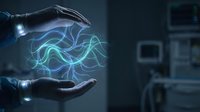 Hands holding glowing blue energy sphere with electric lightning effects in futuristic medical laboratory setting for technology concepts.