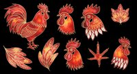 Fiery red rooster clipart set with feathers and claw, isolated on transparent background. Folk art style chicken collection for t-shirt design, stickers, print on demand.