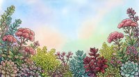 Watercolor garden border with succulents and wildflowers framing a soft pastel sky, perfect for greeting cards, posters, and nature-themed designs.