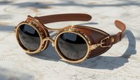 Vintage steampunk round sunglasses with brown leather side shields and brass details on textured white surface casting natural shadows.