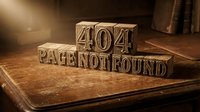 404 page not found error message displayed on wooden blocks arranged on vintage desk with warm lighting and old books in background.