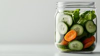Fresh cucumber slices, carrot pieces and green herbs in glass jar for fermentation or pickling on light background. Homemade preserving concept.