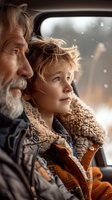 Tender moment between grandfather and grandson in car, looking through window on winter day. Young boy in sherpa jacket shows wonder while elderly man with gray beard watches protectively.