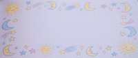 Pastel purple background with cute celestial border featuring smiling suns, crescent moons and twinkling stars for baby nursery decor and children designs.