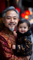 Senior Asian man with gray hair and goatee wearing traditional burgundy and gold Chinese attire holds smiling toddler in matching navy and gold traditional dress against blurred city lights.