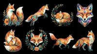 Watercolor fox illustrations set with autumn foliage, isolated on transparent background. Ready for t-shirt design, clipart, stickers, sublimation, print-on-demand products and digital crafts.