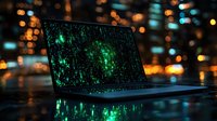 Laptop screen displaying green matrix code pattern against blurred city lights background, creating cybersecurity and technology concept atmosphere.