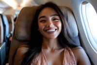 Young Asian woman with bright smile relaxing in first class airplane seat near window, wearing pink dress, long dark hair, expressing joy and comfort during travel.