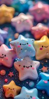 Colorful kawaii star decorations with smiling faces and glitter details on dark background, soft focus macro photography for nursery or children decor.