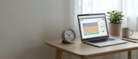 Modern minimalist home office workspace with laptop displaying colorful charts on wooden desk. Clean bright interior with plant and coffee mug for productivity.