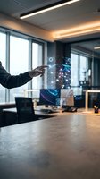 Businessman interacting with holographic digital network interface in modern office environment showcasing futuristic technology and connectivity solutions.