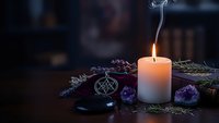Mystical altar setup with burning white candle, pentagram symbol, amethyst crystals, dried lavender herbs and ritual tools for spiritual practices.