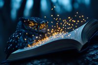 Magical open book with glowing golden sparkles emerging from pages against dark blue forest background, creating enchanting mystical atmosphere.