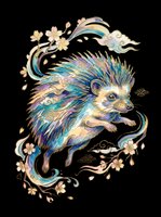 Whimsical hedgehog with flowing blue and gold mane, surrounded by decorative flowers and swirling ribbons. Isolated on transparent background, ready for t-shirts, stickers, clipart, sublimation, and print-on-demand designs.