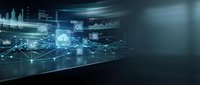 Digital technology interface with holographic data visualization, charts and network connections floating above modern surface for business analytics.