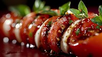 Fresh caprese salad with sliced tomatoes, mozzarella, basil leaves, and balsamic glaze arranged in alternating pattern on dark background with selective focus.