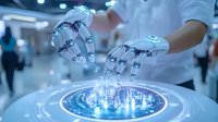Robotic hands interact with futuristic holographic city display showing glowing buildings and digital elements in modern medical facility. Healthcare technology concept.