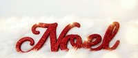 Red glitter Noel sign on white fluffy fur background, festive Christmas holiday decoration with sparkling bokeh light effect.