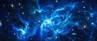 Cosmic blue nebula with swirling gas clouds and bright stars in deep space. Abstract celestial background for astronomy and science fiction projects.
