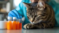 Veterinarian in protective gloves examining blood samples while tabby cat lies calmly on examination table in modern veterinary clinic. Medical pet care concept.