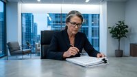 Middle-aged woman with light skin tone, wearing business attire and eyeglasses, reviewing documents at desk in modern office with city skyline view. Corporate professional environment.