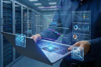 Professional using holographic project management interface with data analytics in modern server room for business technology solutions.