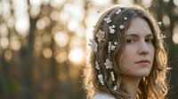 Young woman with flowers in curly hair during golden hour sunset. Natural beauty portrait with soft bokeh background for romantic and dreamy lifestyle concepts.
