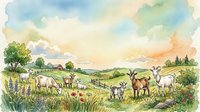 Herd of goats grazing in pastoral meadow with wildflowers, trees, and soft cloudy sky. Watercolor countryside landscape for farm, agriculture, and nature designs.