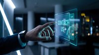 Businessman touching holographic contact us interface in modern office environment for customer service and communication technology solutions.
